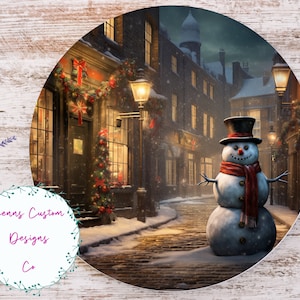 Snowman in Streets of London Sublimation Round Door Hanger Design PNG, Sublimation Design for 12 Inch Round, Digital Download ONLY Round PNG