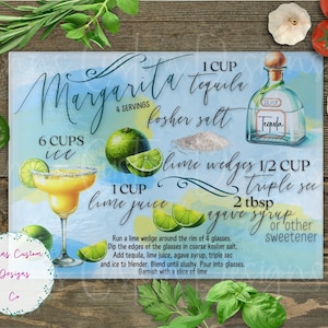 May include: A decorative glass cutting board with a margarita recipe. The recipe includes ingredients like tequila, lime juice, and agave syrup. The board features a margarita glass, limes, and a tequila bottle.