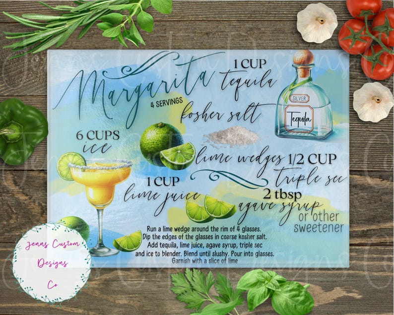 May include: A decorative glass cutting board with a margarita recipe. The recipe includes ingredients like tequila, lime juice, and agave syrup. The board features a margarita glass, limes, and a tequila bottle.