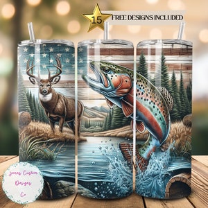 American Flag Trout Fishing Deer Camo Seamless Tumbler Wrap 20oz Skinny Tumbler Sublimation, Hunting Season Tumbler, PNG File Digital ONLY