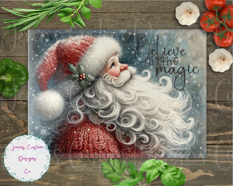 May include: A red and white Santa Claus with a long white beard and a red knitted sweater. He is looking up with a joyful expression. The background is a blue and white snowy scene with the text "Believe in the magic".