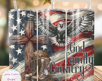 God Family Country, Patriotic Military Veteran Skinny Tumbler Sublimation Design Digital Download PNG Instant DIGITAL ONLY, Tumbler Wrap