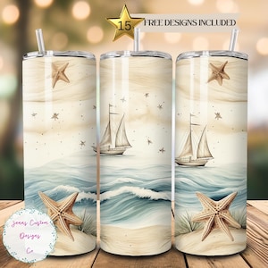 Watercolor Beach with Starfish and Sailboats 20 oz Skinny Tumbler Sublimation Design Digital Download PNG Instant DIGITAL ONLY