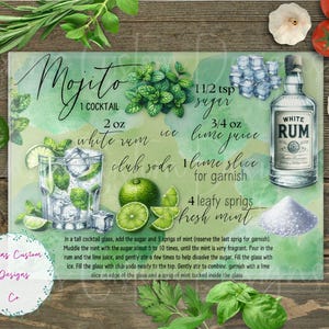May include: A Mojito cocktail recipe graphic with a watercolor background. The ingredients include white rum, lime juice, mint, sugar, ice, and club soda. The recipe is displayed with a glass of the cocktail and a bottle of white rum.