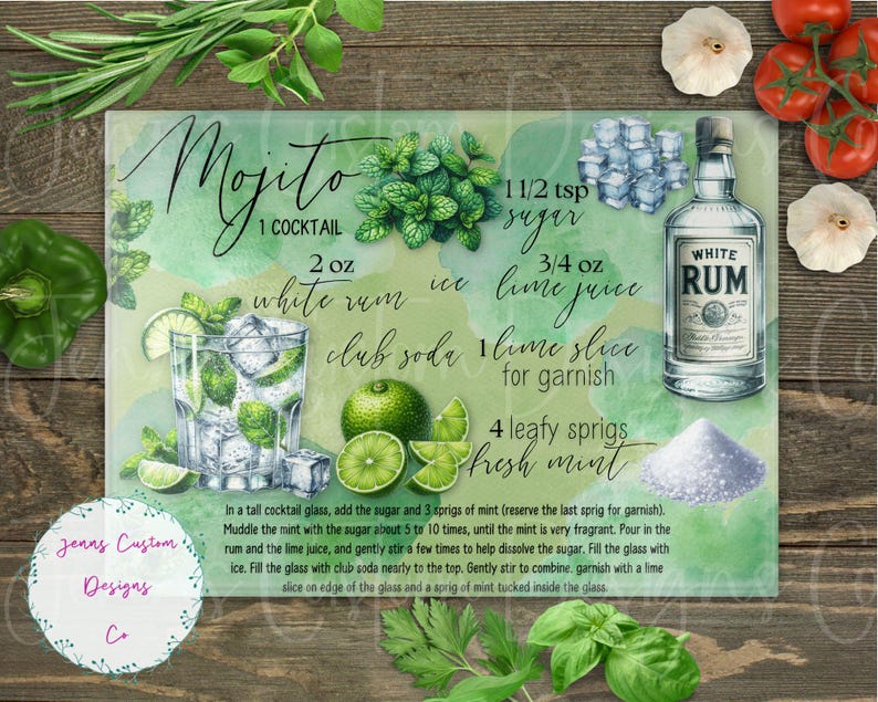May include: A Mojito cocktail recipe graphic with a watercolor background. The ingredients include white rum, lime juice, mint, sugar, ice, and club soda. The recipe is displayed with a glass of the cocktail and a bottle of white rum.