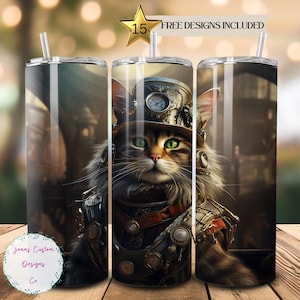 Cute Steampunk Cat, Cat Lover 20 oz Skinny Tumbler Sublimation Design Digital Download PNG Instant DIGITAL ONLY, Straight tumbler wrap.