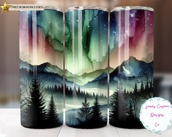 Aurora boreal, aurora boreal, montaña 20 oz flaco vaso sublimación diseño descarga digital PNG instantáneo DIGITAL SOLAMENTE, envoltura de vaso