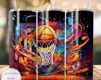 Basketball and Net With Graffiti 20 oz Skinny Tumbler Sublimation Design Digital Download PNG Instant DIGITAL ONLY, Straight tumbler wrap.