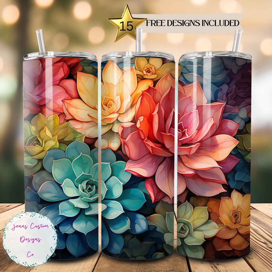 Colorful Alcohol Ink Succulents 20 Oz Skinny Tumbler Sublimation Design ...