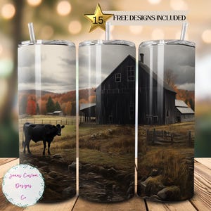 Old Farm with Black Cow in Pasture 20 oz Skinny Tumbler Sublimation Design Digital Download PNG Instant DIGITAL ONLY, Straight tumbler wrap.
