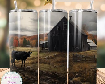 Old Farm with Black Cow in Pasture 20 oz Skinny Tumbler Sublimation Design Digital Download PNG Instant DIGITAL ONLY, Straight tumbler wrap.