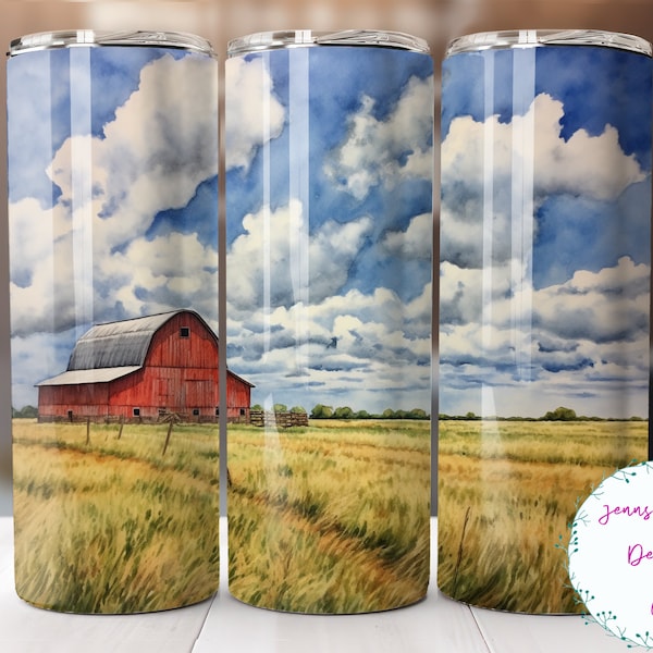 Midwest Fields with Old Red Barn 20 oz Skinny Tumbler Sublimation Design Digital Download PNG Instant DIGITAL ONLY, Straight tumbler wrap.