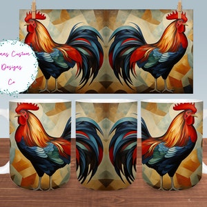 Färgglada tuppar mugg sublimeringsdesign digital nedladdning PNG tupp 12oz och 15oz muggar PNG, färgglad tuppälskare mugg PNG