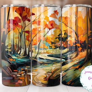 Fall Trees and Leaves 20 oz Skinny Tumbler Sublimation Design Digital Download PNG Instant DIGITAL ONLY, Straight Autumn tumbler wrap.