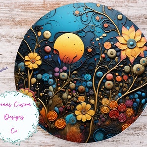 May include: A circular wall art piece featuring a colorful, intricate design of flowers and vines. The background is a dark blue with a yellow sun in the upper center. The art piece is made of paper and has a 3D effect.