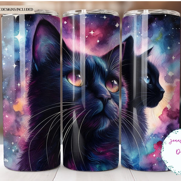 Black Cats, Celestial, Watercolor 20 oz Skinny Tumbler Sublimation Design Digital Download PNG Instant DIGITAL ONLY, Tumbler Wrap