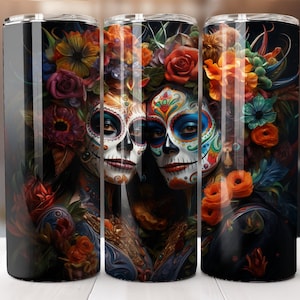 Sugar Skull Dia De Los Muertos La Catrina 20oz Skinny Tumbler Sublimation Design Digital Download PNG Instant DIGITAL ONLY Straight tumbler