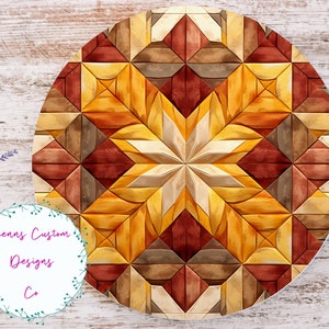 May include: A round wooden coaster with a geometric pattern in shades of brown, orange, and yellow. The pattern is made up of squares and triangles, and it creates a starburst effect in the center. The coaster is perfect for adding a touch of rustic charm to your home decor.