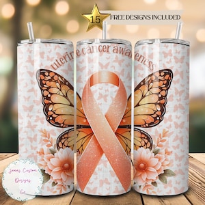 Uterine Cancer Awareness Ribbon, Butterfly and Flowers 20 oz Skinny Tumbler Sublimation Design Digital Download PNG Instant DIGITAL ONLY