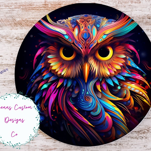 Bright Colorful Owl Sublimation Round Door Hanger Design PNG, Sublimation Design for 12 Inch Round, Digital Download ONLY, Round Owl PNG