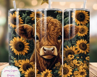 Cute Highland Cow and Sunflowers 20 oz Skinny Tumbler Sublimation Design Download digital PNG Instantâneo SOMENTE DIGITAL, Cow Tumbler Wrap