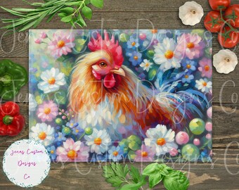 Pollo y flores, Descarga de diseño de tabla de cortar, Tabla de cortar de gallo PNG, Tabla de cortar floral de campo PNG imprimible, Tabla de cortar PNG