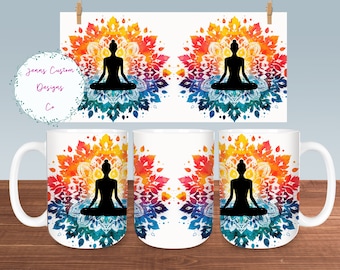 Mandala with Yoga Serenity Pose Mug Sublimation Design, Digital Download PNG,  Yoga Pose 12oz and 15oz Mugs PNG, Yoga Instructor Mug PNG
