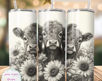 Vacas e girassóis das Terras Altas em preto e branco 20 oz Skinny Tumbler Sublimação Design Download digital PNG Instantâneo SOMENTE DIGITAL, Tumbler Wrap