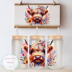 Pastel Highland Cow and Flowers 16oz Glass Can Wrap - Digital Download Sublimation Design - 16oz Template, Cow jar tumbler wrap PNG Design