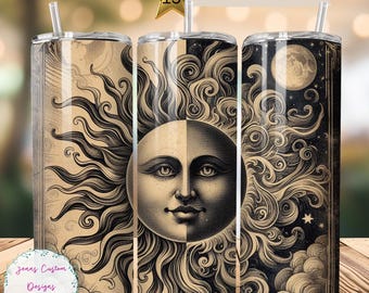 Vaso delgado vintage de 20 oz con diseño de sol y luna, sublimación, descarga digital PNG, SOLO DIGITAL, envoltura de vaso celestial recta