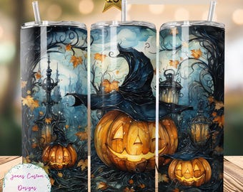 May include: A set of three stainless steel tumblers with a Halloween-themed design. The tumblers feature a spooky forest scene with a jack-o'-lantern, a witch's hat, and glowing lanterns. The design is in shades of blue, orange, and black.