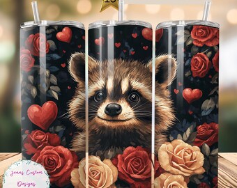 Cute Raccoon Hearts and Roses 20 oz Skinny Tumbler Sublimation Design Download digital PNG Instantâneo DIGITAL SOMENTE Dia dos Namorados Tumbler Wrap