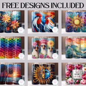 May include: Set of nine different designs for sublimation tumblers. The designs include a floral pattern, a rooster, a sun, a rainbow, chickens, a wave, a palm tree, a sun and moon, and flowers with the text "Best Mom in the World".