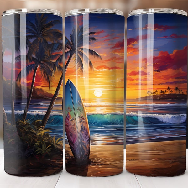 Vibrant Ocean Sunset with Surfboard 20 oz Skinny Tumbler Sublimation Design Digital Download PNG Instant DIGITAL ONLY, Straight tumbler wrap