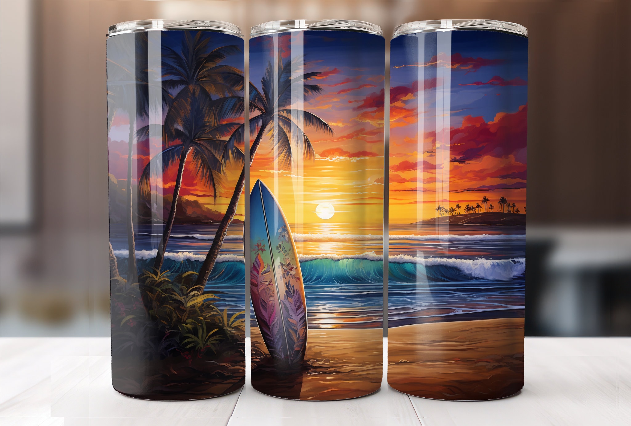 20oz Skinny Tumbler Sublimation Design, Sunset Beach Glitter Tumbler By  99TumblerDesigns
