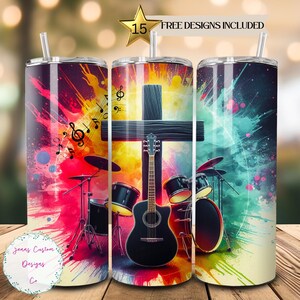 Christian Music, Guitar and Drum Set, Cross 20 oz Skinny Tumbler Sublimation Design Digital Download PNG Instant DIGITAL ONLY, Tumbler Wrap
