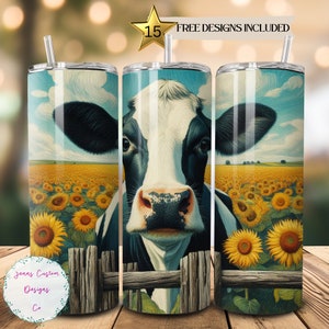 Dairy Cow and Sunflowers,  Farm Ranch Animal Skinny Tumbler Sublimation Design Digital Download PNG Instant DIGITAL ONLY, Tumbler Wrap
