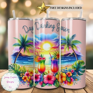 Tropical Beach, Day Drinking Season 20 oz Skinny Tumbler Sublimation Design Digital Download PNG Instant DIGITAL ONLY, Tumbler Wrap