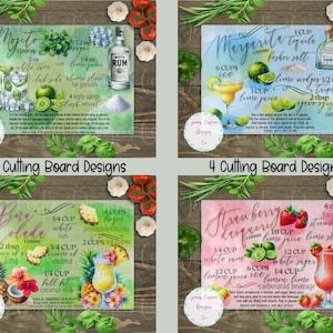 May include: Four decorative cutting boards with cocktail recipes: Mojito, Margarita, Pi&ntilde;a Colada, and Strawberry Daiquiri. Each board features ingredients and instructions, with colorful illustrations of the drinks and ingredients. The boards are set against a wooden background.