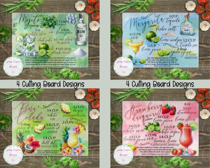 May include: Four decorative cutting boards with cocktail recipes: Mojito, Margarita, Pi&ntilde;a Colada, and Strawberry Daiquiri. Each board features ingredients and instructions, with colorful illustrations of the drinks and ingredients. The boards are set against a wooden background.