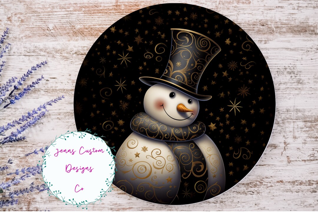 Cute Black and Gold Snowman Sublimation Round Door Hanger Design PNG ...