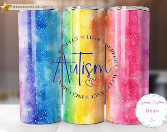 Rainbow Autism Awareness, Inclusion 20 oz Skinny Tumbler Sublimation Design Digital Download PNG Instant DIGITAL ONLY, Tumbler Wrap