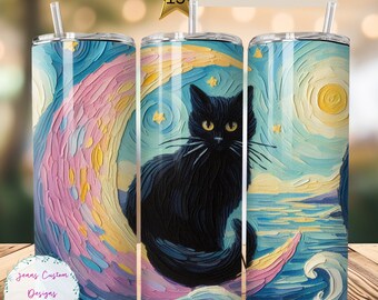 Gato preto na lua crescente, Pastel Celestial 20 onças Skinny Tumbler Design de sublimação Download digital PNG Instantâneo SOMENTE DIGITAL, Tumbler Wrap