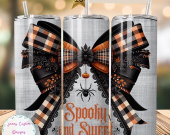 May include: A white tumbler with a black and orange plaid bow, a black spider, and the text "Spooky and Sweet".