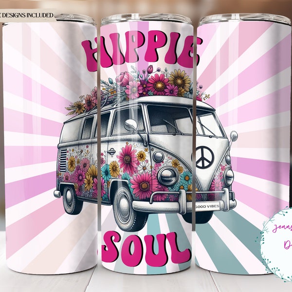 Retro Hippie Van, Hippie Soul, Flower Power 20 oz Skinny Tumbler Sublimation Design Digital Download PNG Instant DIGITAL ONLY, Tumbler Wrap