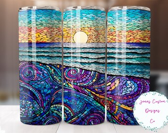 Mozaïek levendige strand zonsondergang 20 oz magere tuimelaar sublimatie ontwerp digitale download PNG Instant ALLEEN DIGITAAL, rechte strand tuimelaar wrap.