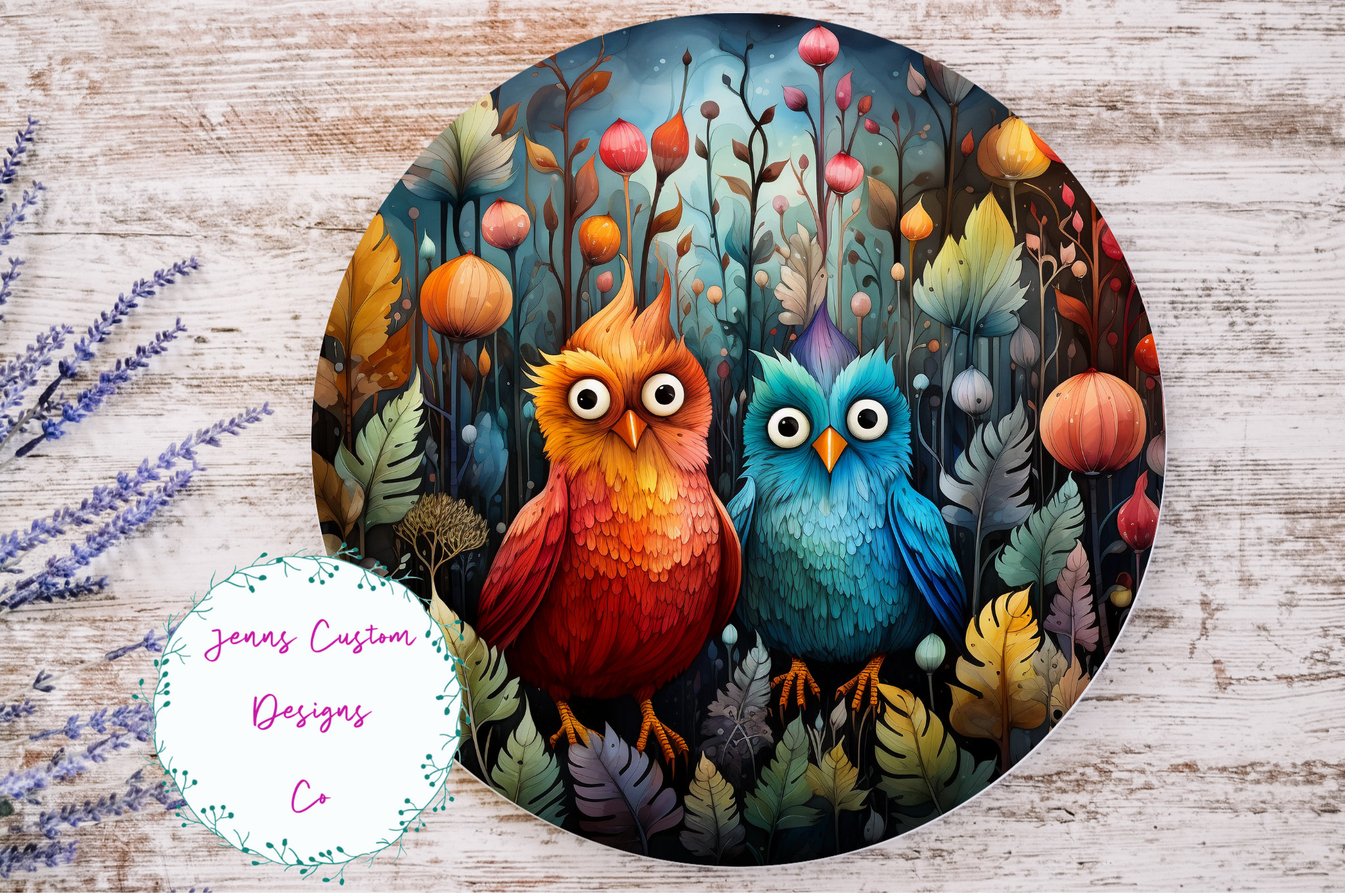 Cute Silly Owls and Flowers Sublimation Round Door Hanger Design PNG, Sublimation Design for 12 Inch