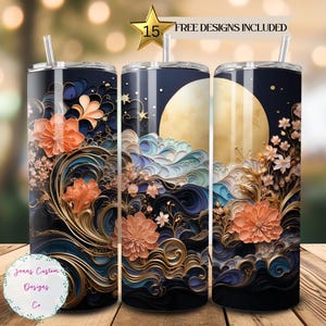 Pretty Flowers and Full Moon 20 oz Skinny Tumbler Sublimation Design Digital Download PNG Instant DIGITAL ONLY, Straight Floral tumbler wrap
