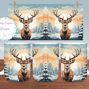 Buck Deer, Winter Landscape Mug Sublimation Design Digital Download PNG Deer 12oz and 15oz Mugs PNG, Whitetail Deer Mug PNG
