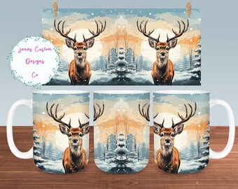 Buck Deer, Winter Landscape Mug Sublimation Design Digital Download PNG Deer 12oz and 15oz Mugs PNG, Whitetail Deer Mug PNG